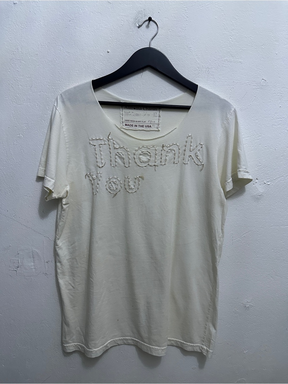 Alabama Chanin Handmade “Thank You” T-Shirt Size L USA Hand Stitched Cream